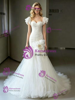 Sexy White Mermaid Tulle Pleats Flower Wedding Dress