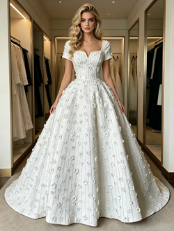 White Square Neck Short Sleeve Wedding Dress