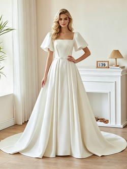 White Satin Puff Sleeve Pleats Wedding Dress