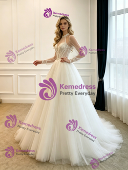 White Tulle Long Sleeve Appliques Wedding Dress