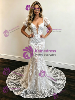 White Mermaid Lace Puff Sleeve Wedding Dress