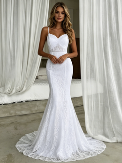 White Mermaid Spaghetti Straps Wedding Dress