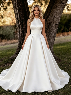 Simple White Satin Halter Backless Wedding Dress