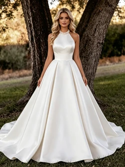 Simple White Satin Halter Backless Wedding Dress