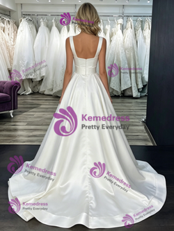White Satin Straps Belt Wedding Dress