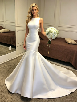 Simple White Mermaid Satin Wedding Dress
