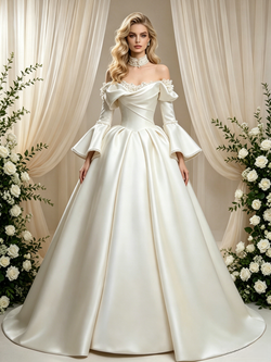 Ivory Satin Long Sleeve Pleats Wedding Dress