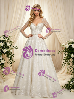 White Sequins Long Sleeve Beading Wedding Dress