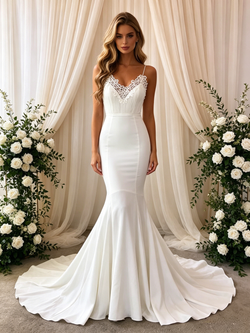 White Mermaid Lace Spaghetti Straps Wedding Dress