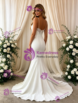 White Mermaid Lace Spaghetti Straps Wedding Dress