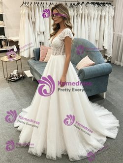Simple White Tulle V-Neck Lace Cap Sleeve Wedding Dress