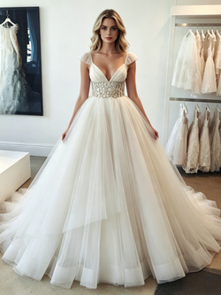 White V-neck Tulle Beading Wedding Dress