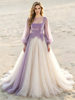 Champagne Tulle Purple Appliques Wedding Dress