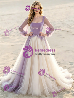 Champagne Tulle Purple Appliques Wedding Dress