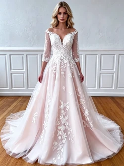 Champagne Tulle Appliques Long Sleeve Wedding Dress