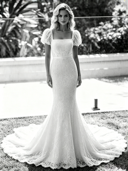 White Mermaid Lace Puff Sleeve Wedding Dress