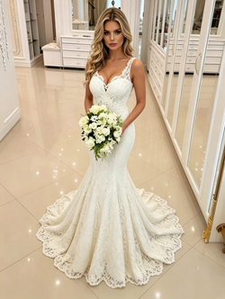 White Mermaid Lace V-neck Werdding Dress