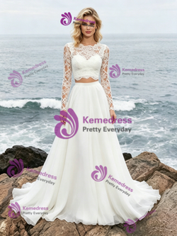 White Lace Two Piece Long Sleeve Wedding Dress