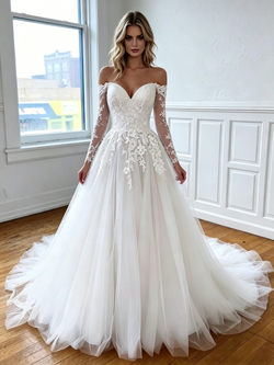 White Tulle Off the Shoulder Appliques Wedding Dress