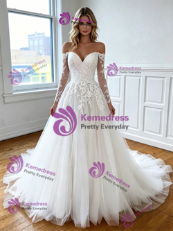 White Tulle Off the Shoulder Appliques Wedding Dress
