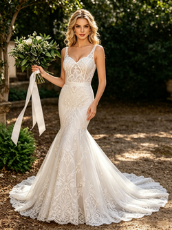 White Mermaid Straps Lace Wedding Dress