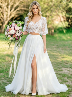 White Two Piece V-neck Lace Puff Sleeve Wedding Dress