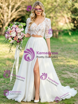 White Two Piece V-neck Lace Puff Sleeve Wedding Dress