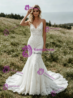 Sexy White Mermaid Lace Spaghetti Straps Wedding Dress