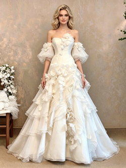 White Tulle Strapless Puff Sleeve 3D Flower Wedding Dress