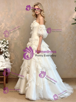White Tulle Strapless Puff Sleeve 3D Flower Wedding Dress