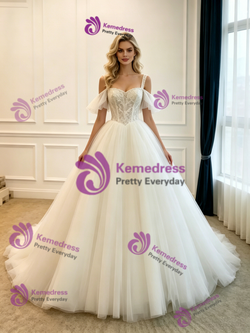 White White Tulle Straps Lace Wedding Dress