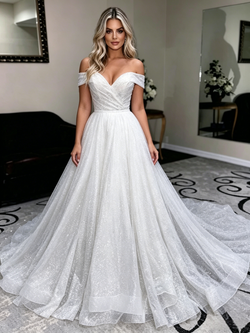 Simple White Sequins Off The Shoulder Wedding Dress