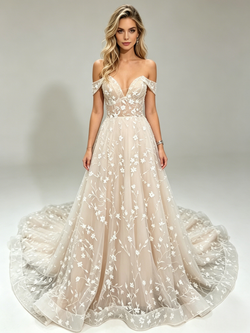 Simple Champagne Lace Off The Shoulder Wedding Dress