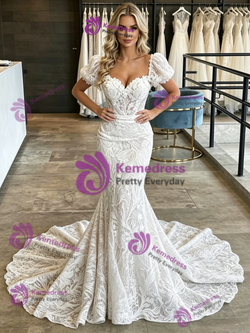 Sexy White Mermaid Lace Puff Sleeve Wedding Dress