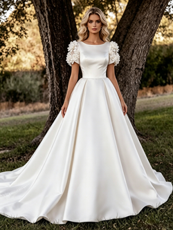 Simple White Satin Short Sleeve Flower Wedding Dress
