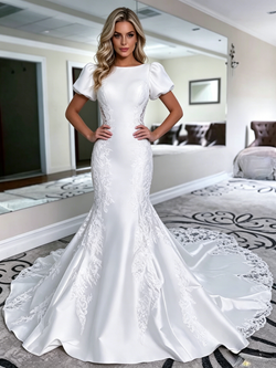 Sexy White Mermaid Satin Puff Sleeve Wedding Dress