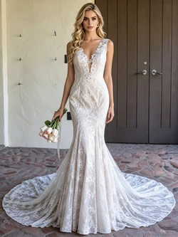 White Mermaid Lace V-Neck Wedding Dress