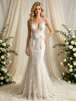 Beige White Mermaid Tulle V-Neck Wedding Dress