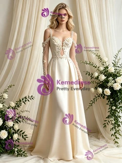 Ivory Satin Straps Long Sleeve Flower Wedding Dress