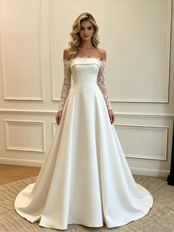 White Satin Long Sleeve Lace Wedding Dress