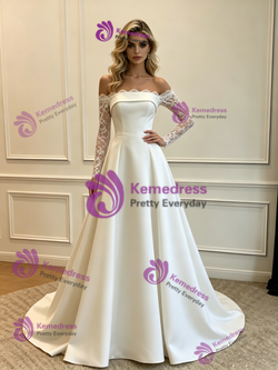 White Satin Long Sleeve Lace Wedding Dress