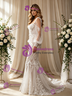 Sexy White Mermaid Tulle Lace Long Sleeve Wedding Dress