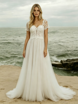 Simple White Lace Short Sleeve Wedding Dress