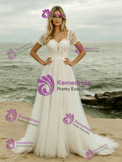 Simple White Lace Short Sleeve Wedding Dress