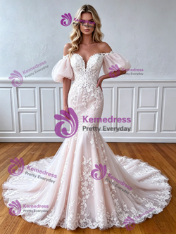 Mermaid Tulle Appliques Puff Sleeve Wedding Dress