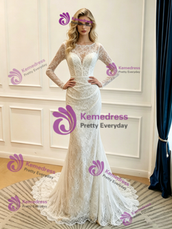 Sexy White Mermaid Long Sleeve Pleats Wedidng Dress