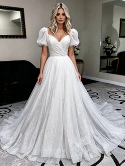 White Sequins Puff Sleeve Wedding Dress