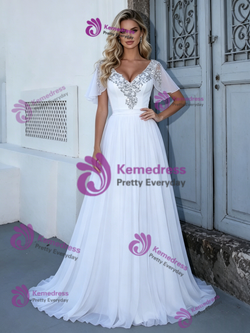 A-line White V-Neck Beading Wedding Dress