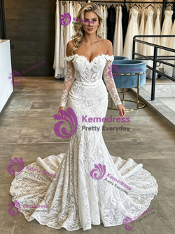 White Mermaid Lace Long Sleeve Wedding Dress