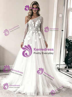 White Tulle One Shoulder Long Sleeve Wedding Dress